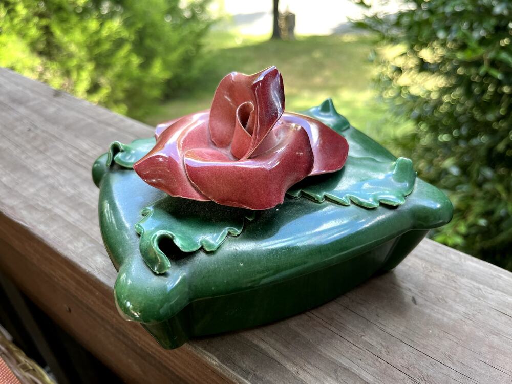 Vintage California Pottery Green Ashtray Rose Trinket Dish Signed Johannes Brahm